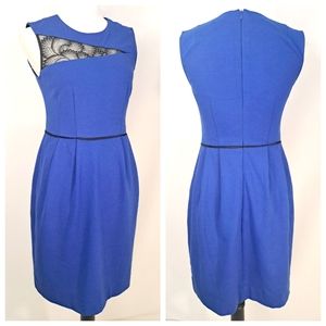 Nanette Lepore  Blue Take My Hand Dress Black Lace Inset Pockets Sheath Ponte 4